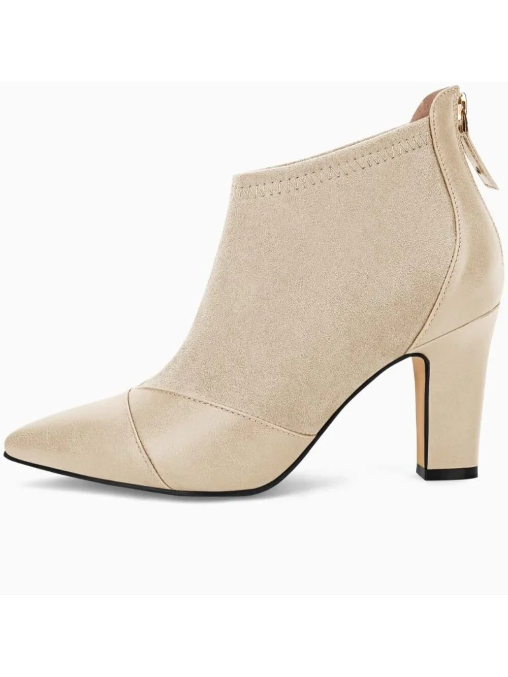 Women's Beige Pointed Toe Stiletto Heel Splicing Back Zipper Ankle Boots